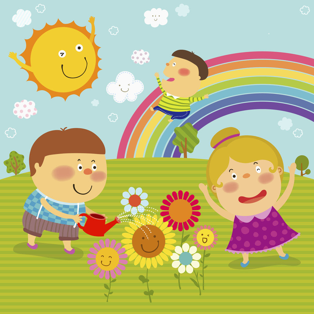 Detail of The image of children playing in the garden with rainbow by Anonymous