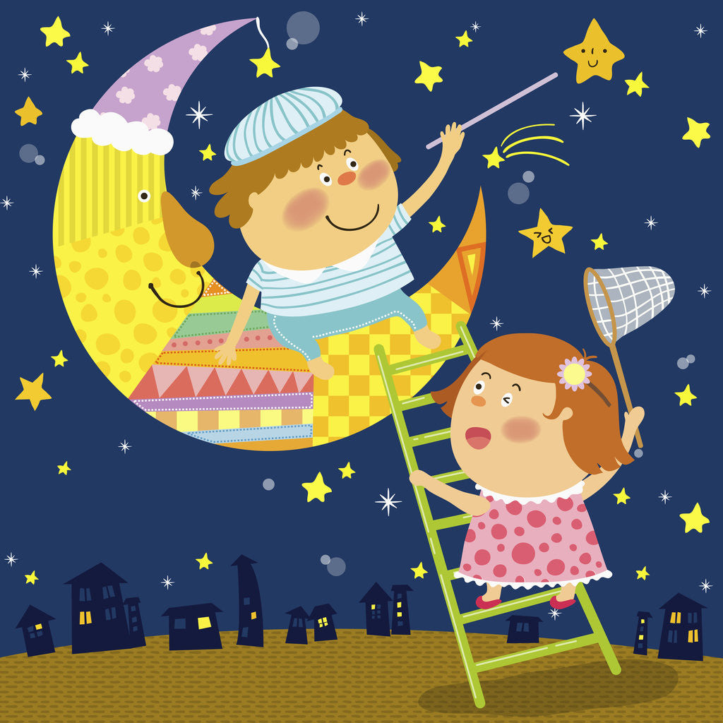 Detail of The image of children playing with moon and star by Anonymous