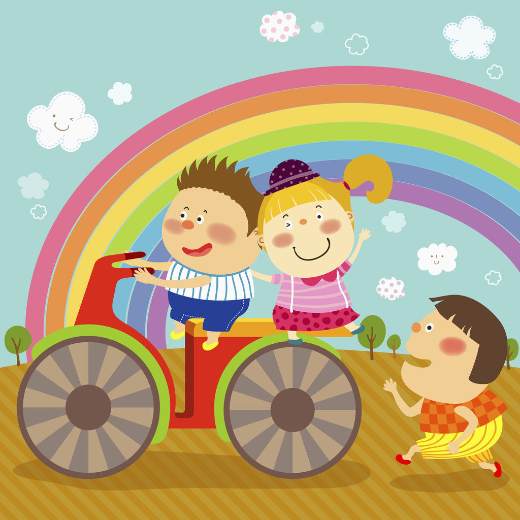 Detail of The image of children riding on the red motorcycle by Corbis