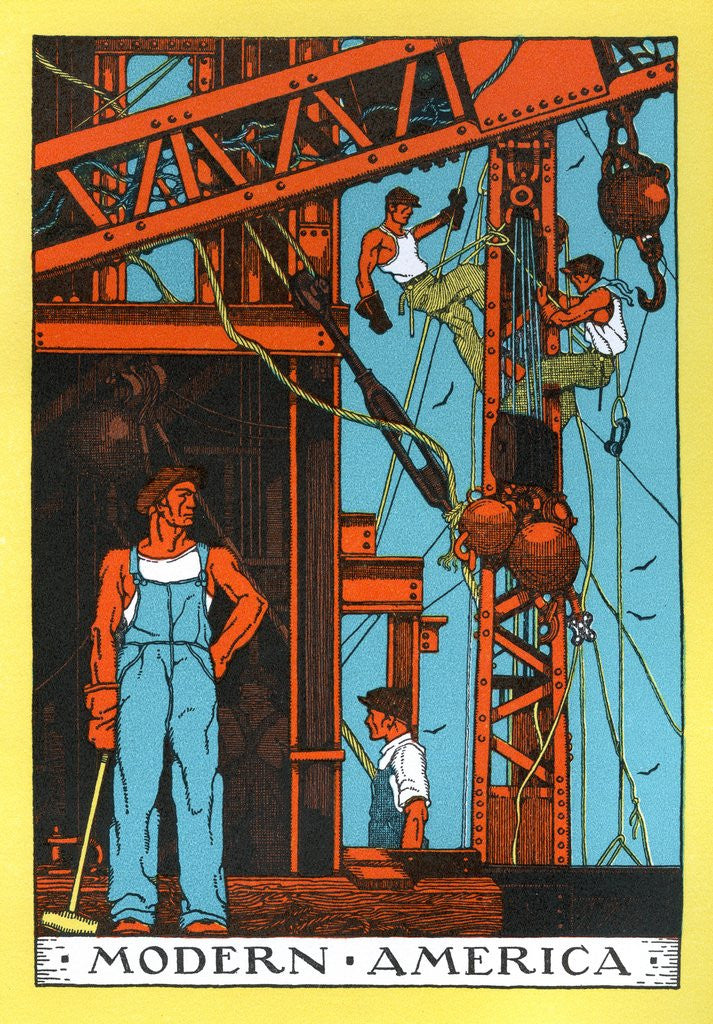 Detail of Muscular laborers constructing bridge by Anonymous