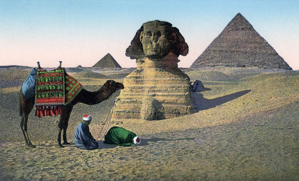 Detail of Men praying to Mecca in front of the Sphinx and pyramids by Anonymous