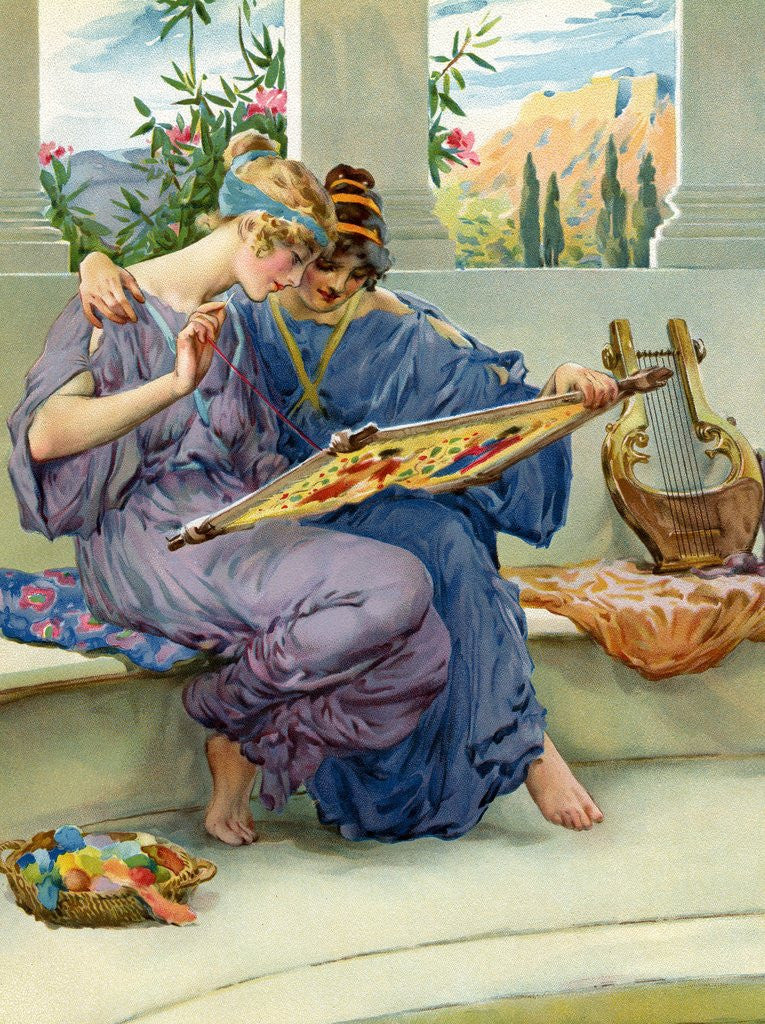 Detail of Two Greek beauties sewing on a terrace by Anonymous