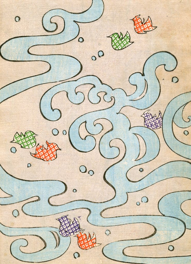Detail of Woodblock print of stylized birds flying over water by Anonymous