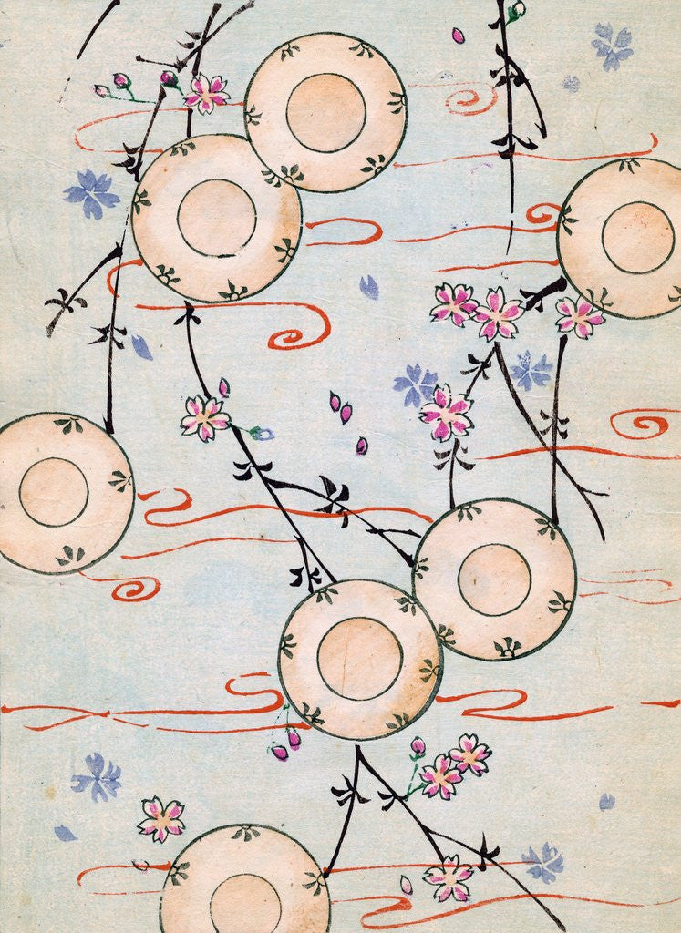Detail of Woodblock print of lanterns in a blooming cherry tree by Anonymous