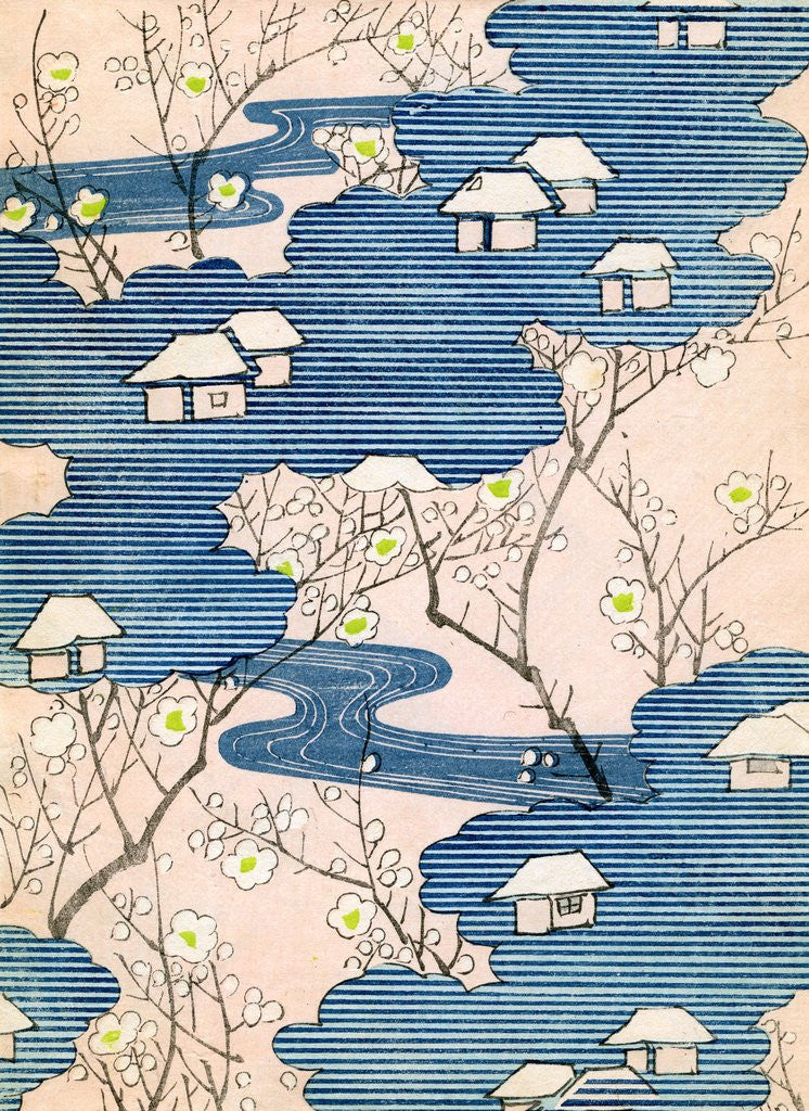 Detail of Woodblock print of country cottages with rivers and cherry blossoms by Anonymous
