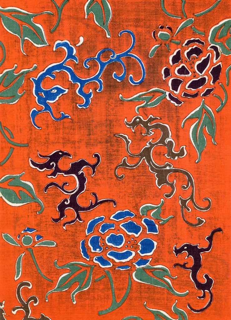 Detail of Woodblock print of dragon motifs and chrysanthemum blossoms by Anonymous