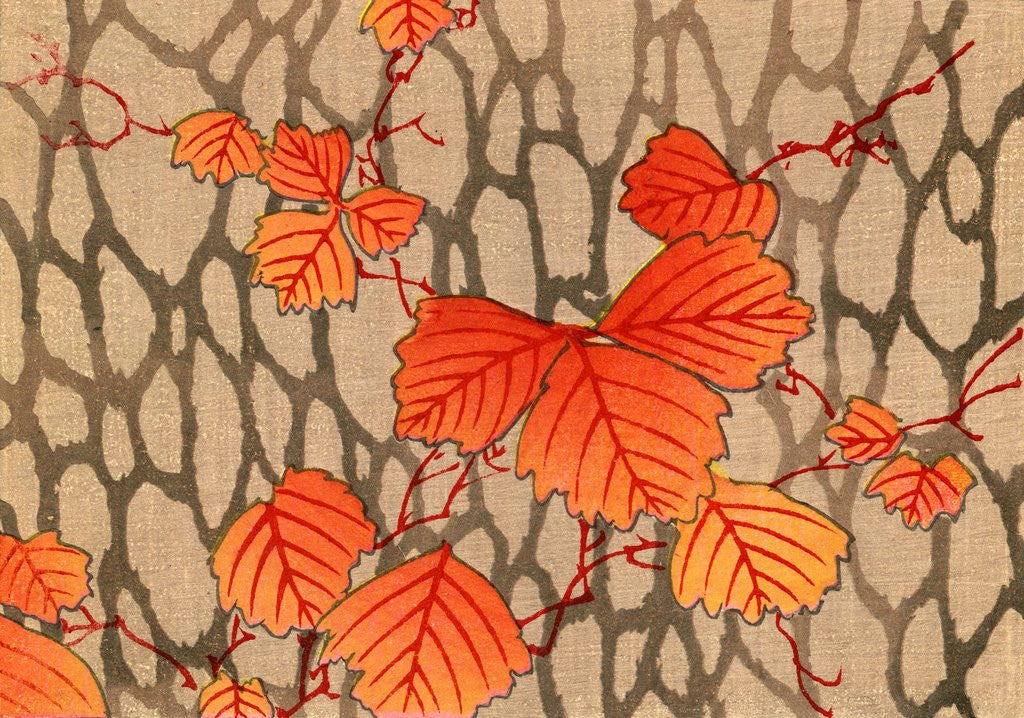 Detail of Woodblock print of fall leaves on delicate branches by Corbis