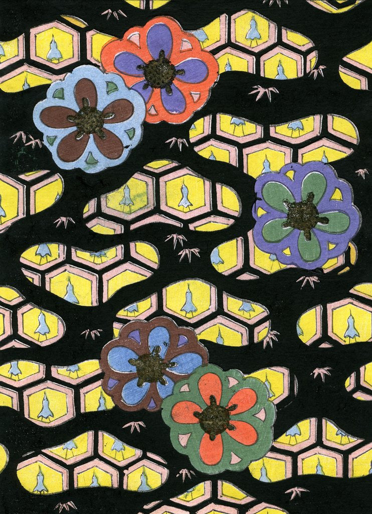 Detail of Woodblock print of flowers on a honeycomb background by Anonymous