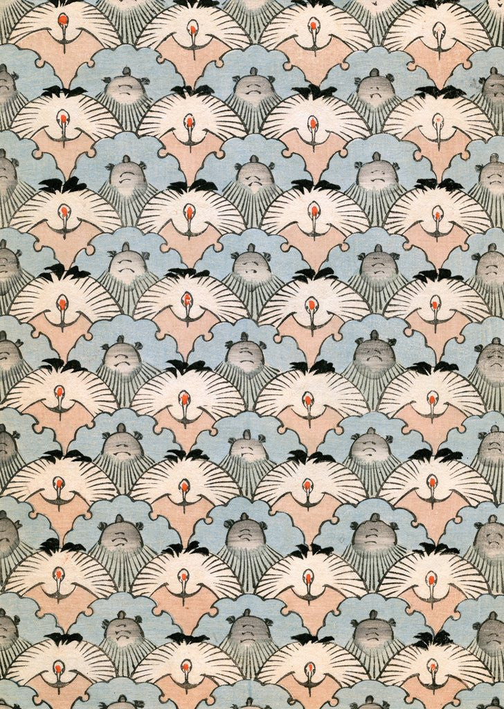 Detail of Woodblock print of illusory pattern of ibis and bats by Anonymous