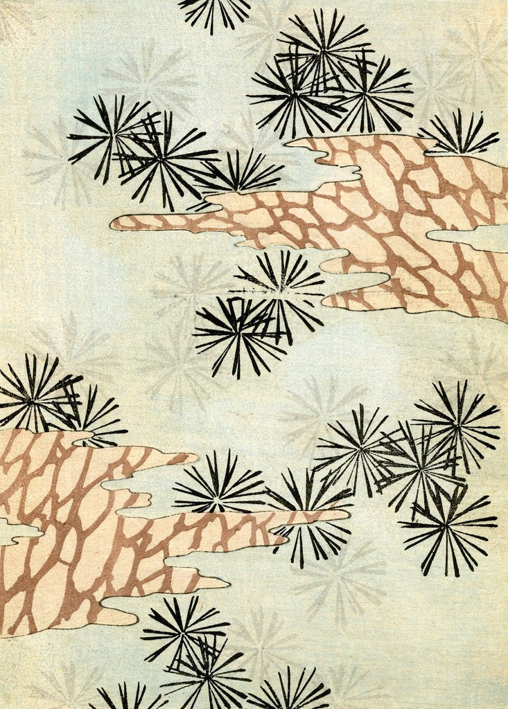 Detail of Woodblock print of pine needles and branches by Anonymous
