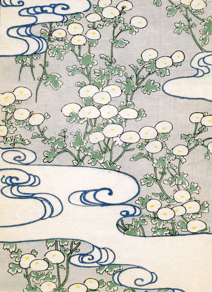 Detail of Woodblock print of blooming vines and wave patterns by Corbis