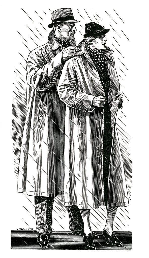 Detail of Stylish couple putting on raincoats in the rain by Anonymous