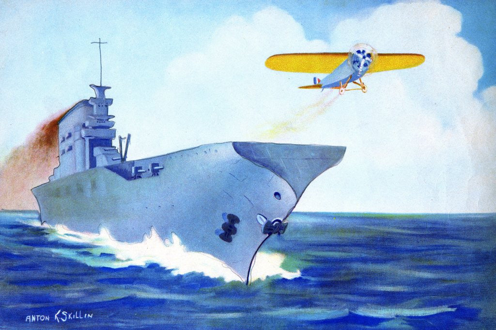 Detail of Prop plane taking off from an early aircraft carrier by Anonymous