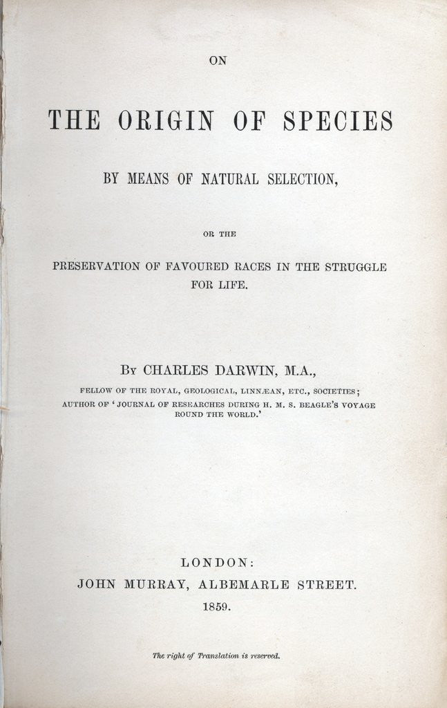 Detail of Title page of The Origin of Species by Charles Darwin