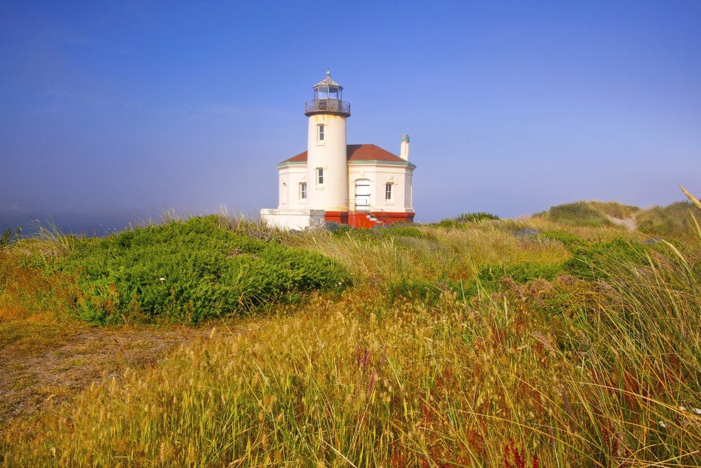 Detail of Morning light adds beauty to fog and Coquille River Lighthouse, Bandon, Oregon Coast, Pacific Ocean, by Corbis