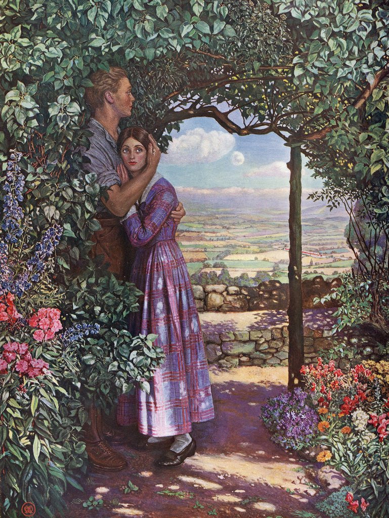 Detail of Young man embracing his love in a flower garden by Anonymous