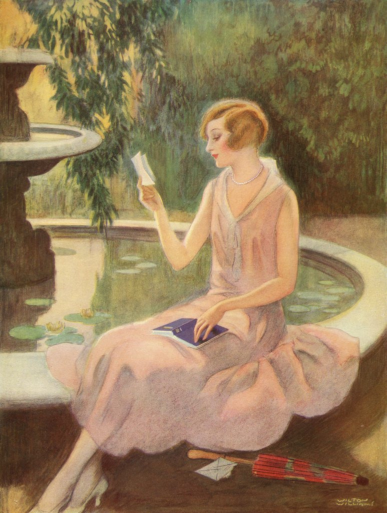 Young woman reading a love letter by a fountain