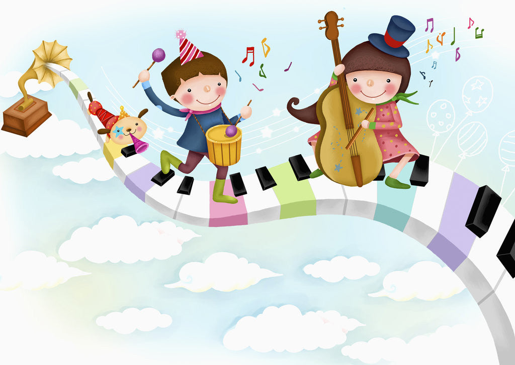 Detail of Girl and a boy playing cello and drum by Anonymous