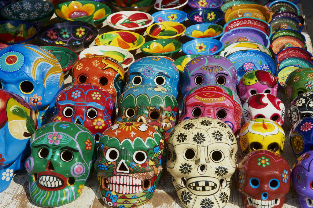 Detail of Handicrafts, masks for sale, Cancun, Quintana Roo, Mexico, North America by Anonymous