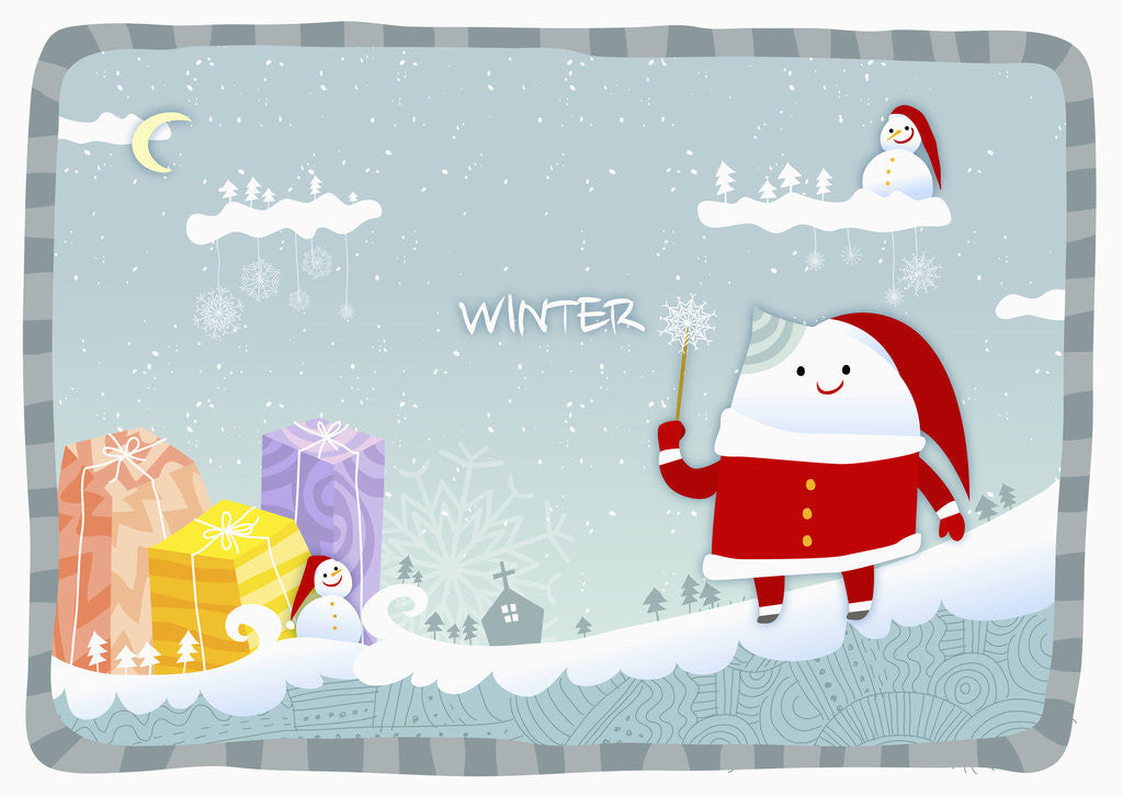 Detail of Snowman wearing santa clothes with blue winter background by Anonymous