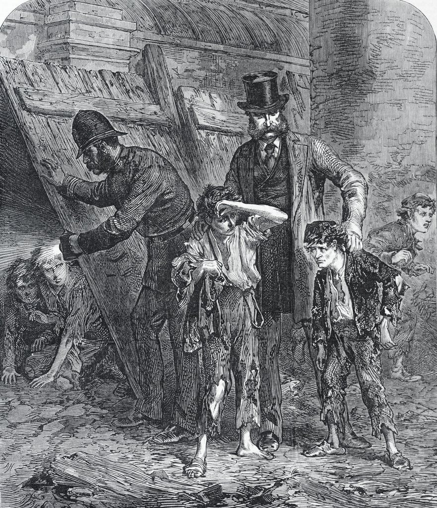 Detail of Victorian London. Police and School Board inspectors finding vagrant children by Anonymous