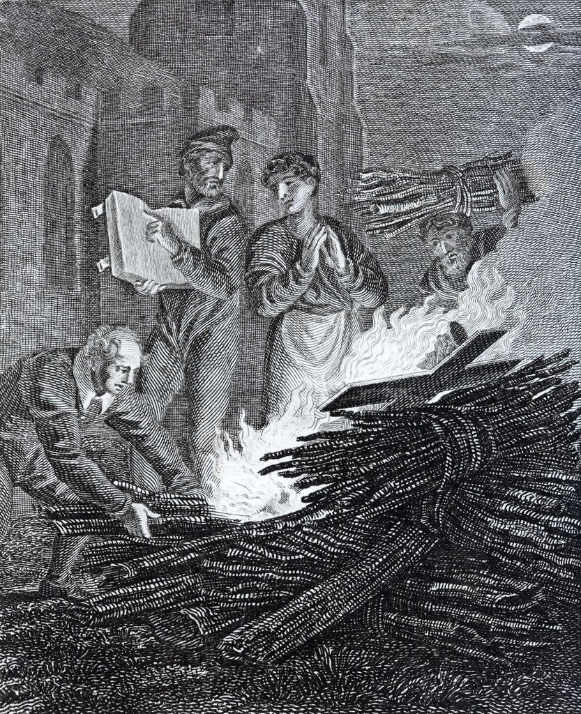Detail of Puritan iconoclasts on the road to Norwich burning a church crucifix in front of the church. by Anonymous