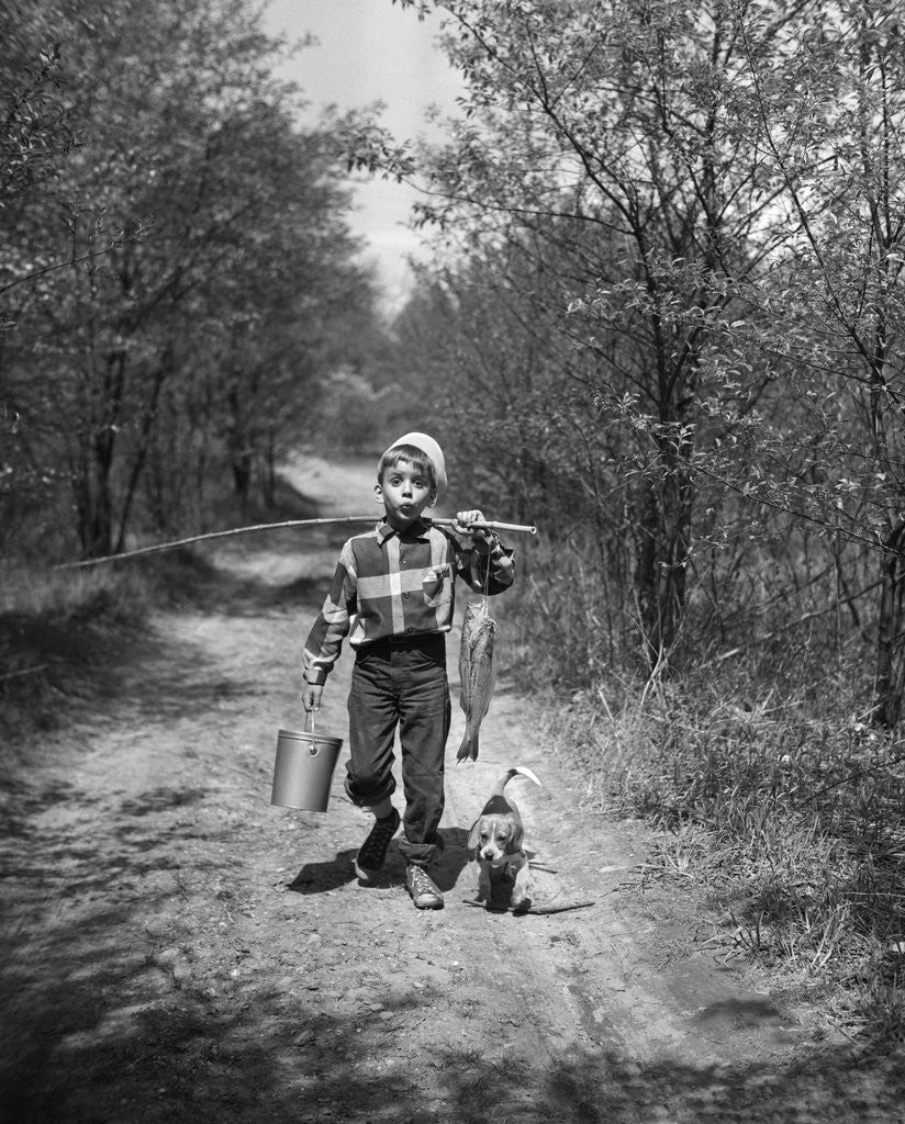 Detail of 1950s boy beagle puppy walking down country road whistling carrying fishing pole pail fish by Anonymous