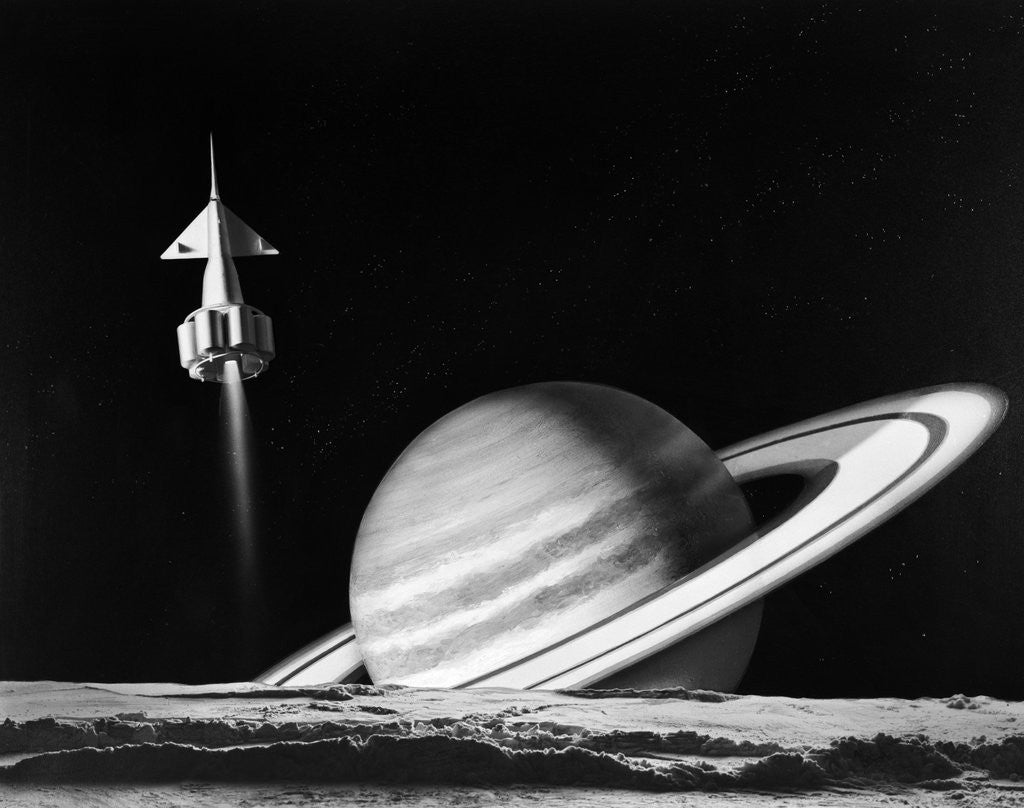 Detail of 1960s space rocket flying past saturn with surface of another planet in foreground by Anonymous