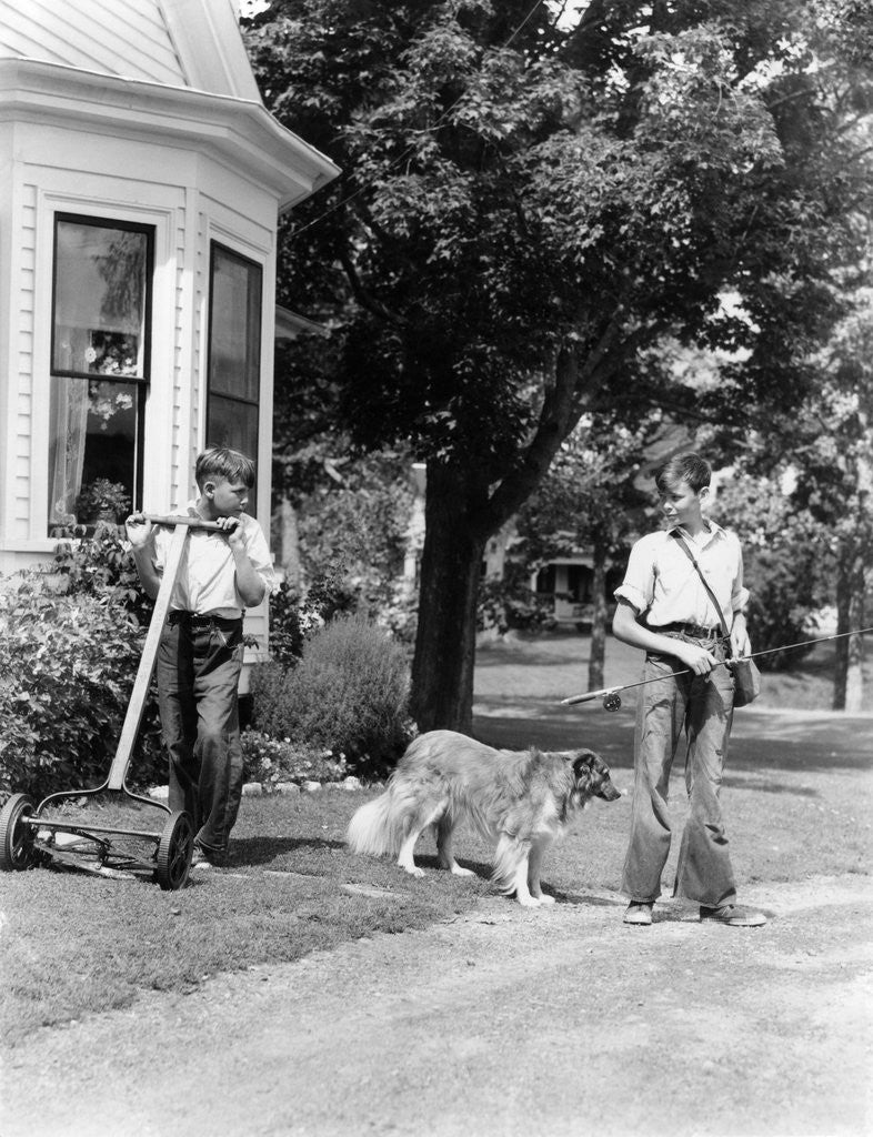 Detail of 1940s boy with fishing gear collie dog second boy mowing grass with push mower by Anonymous