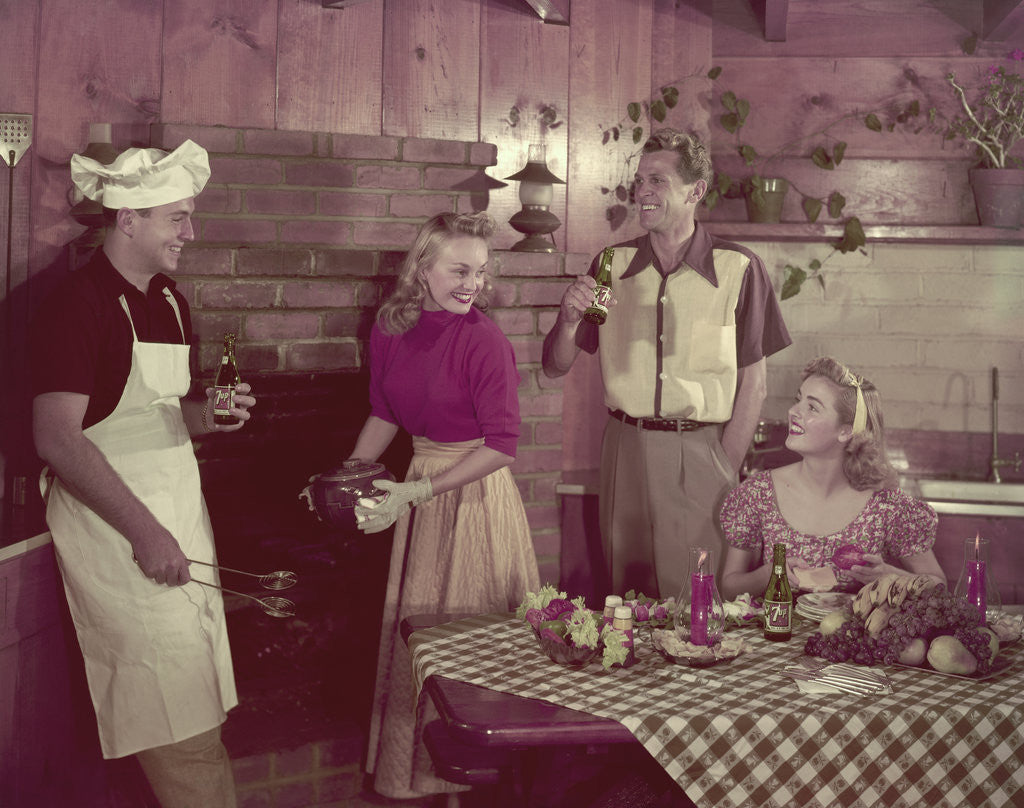 Detail of 1950s 2 couples cooking picnic in rustic kitchen drinking beer by Anonymous