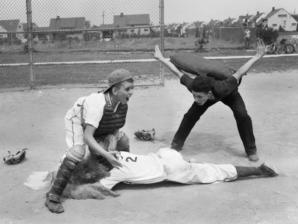 Detail of 1950s little league umpire calling safe player sliding into home plate by Anonymous