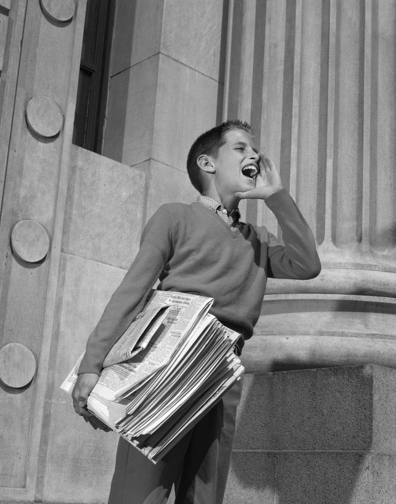 Detail of 1950s 1960s paperboy selling newspapers shouting extra extra by Anonymous