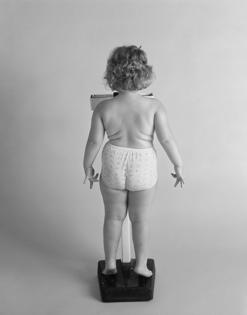 Detail of Back view of chubby girl wearing panties weighing herself by Corbis
