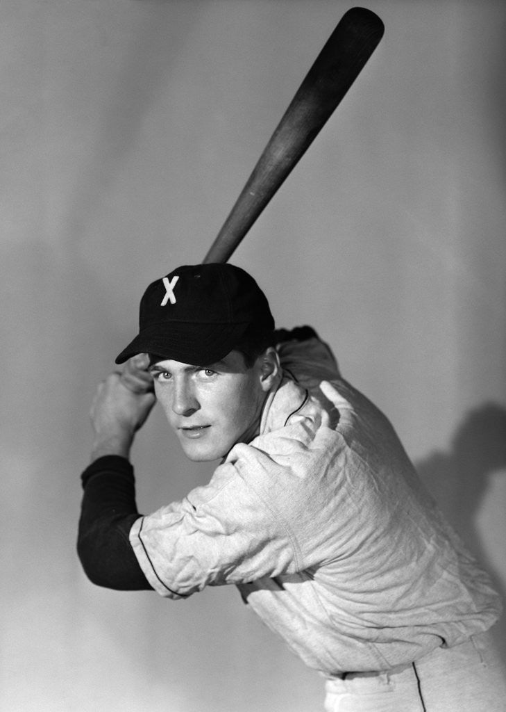 Detail of 1950s portrait baseball player batting at bat looking at camera by Anonymous