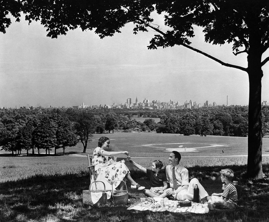 Detail of 1930s 1940s family picnicking under a tree in fairmont park with skyline of philadelphia pa on horizon by Anonymous