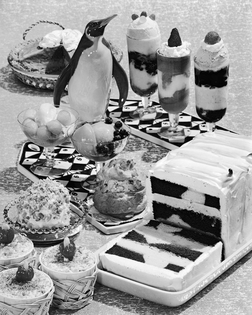 Detail of 1950s 1960s cold and frozen parfaits dessert ice cream fruit with penguin decoration by Anonymous