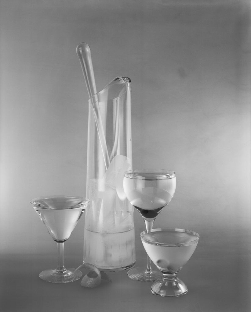 Detail of 1950s glass martini pitcher for making iced gin vodka drinks by Anonymous