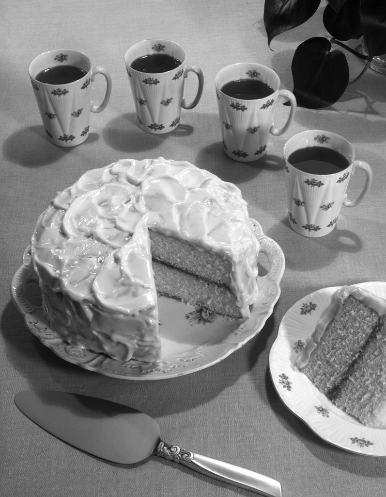 Detail of 1950s dessert vanilla layer cake and coffee by Anonymous