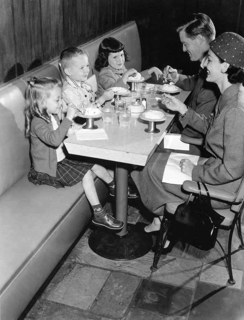 Detail of 1950s family eating ice cream at a diner by Anonymous