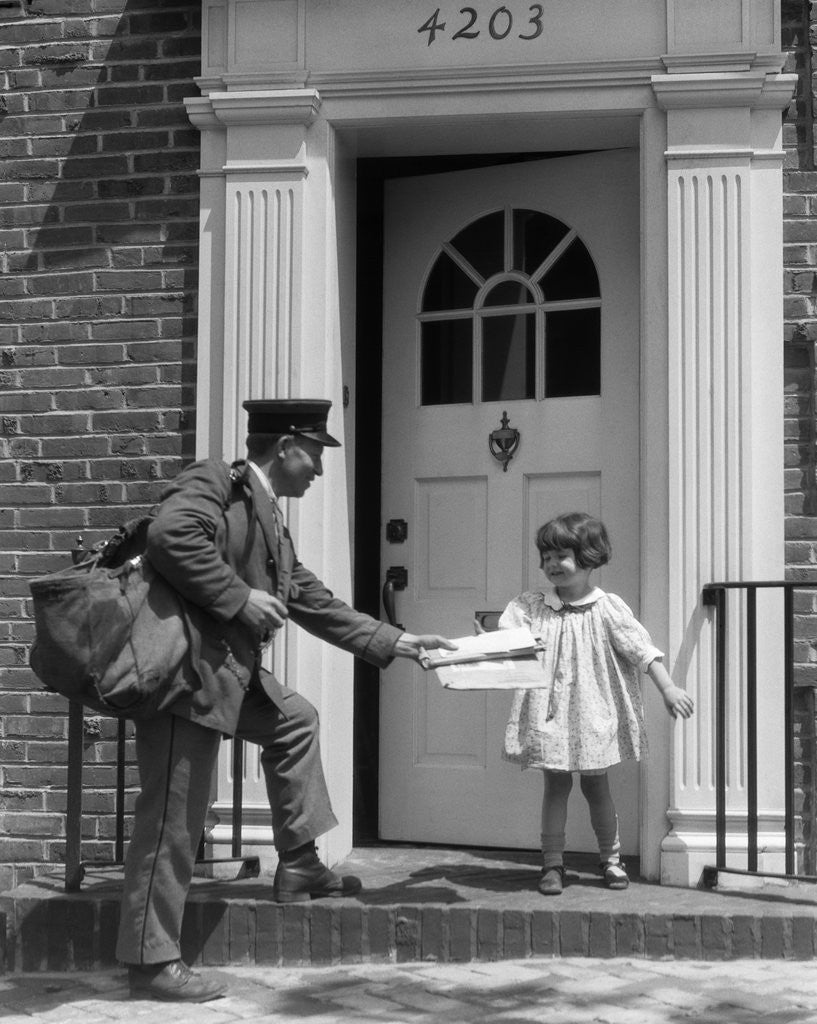 Detail of 1920s smiling little girl receiving mail from postman by Anonymous