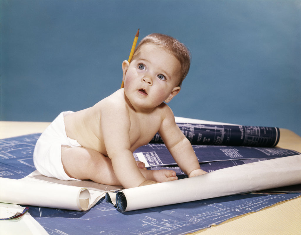 Detail of 1960s baby architect sitting among blueprints by Anonymous