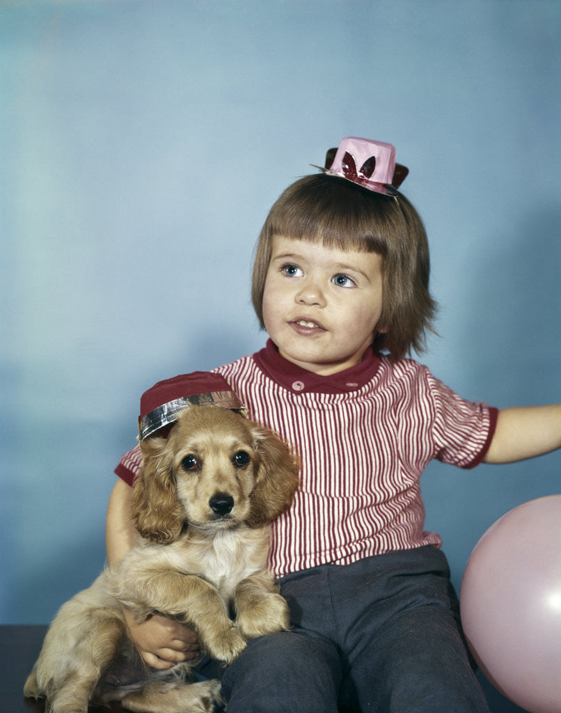 Detail of 1950s 1960s little girl in party hat sitting holding a cocker spaniel puppy by Anonymous
