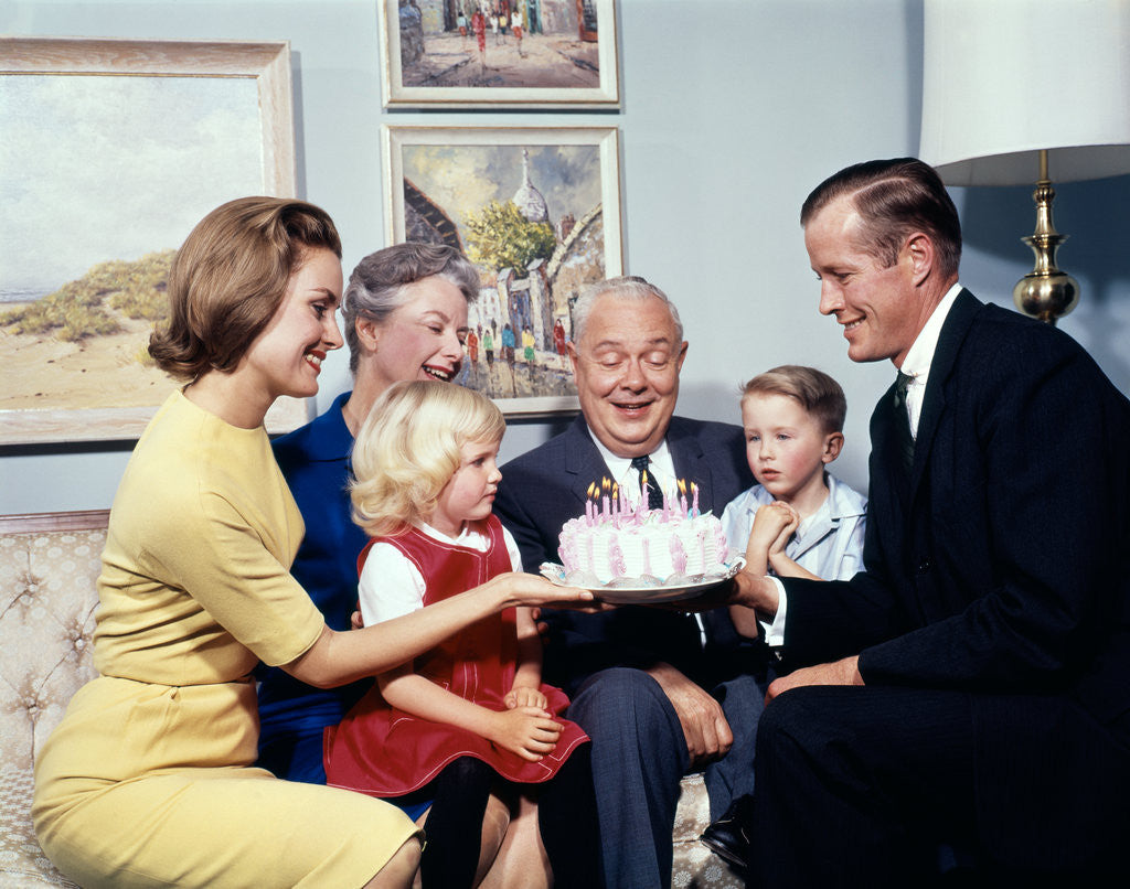 Detail of 1960s three generation family with birthday cake by Anonymous