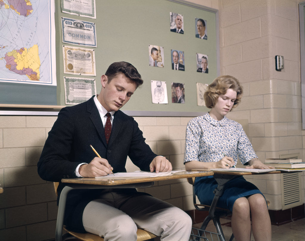 Detail of 1960s college students couple man woman studying by Anonymous