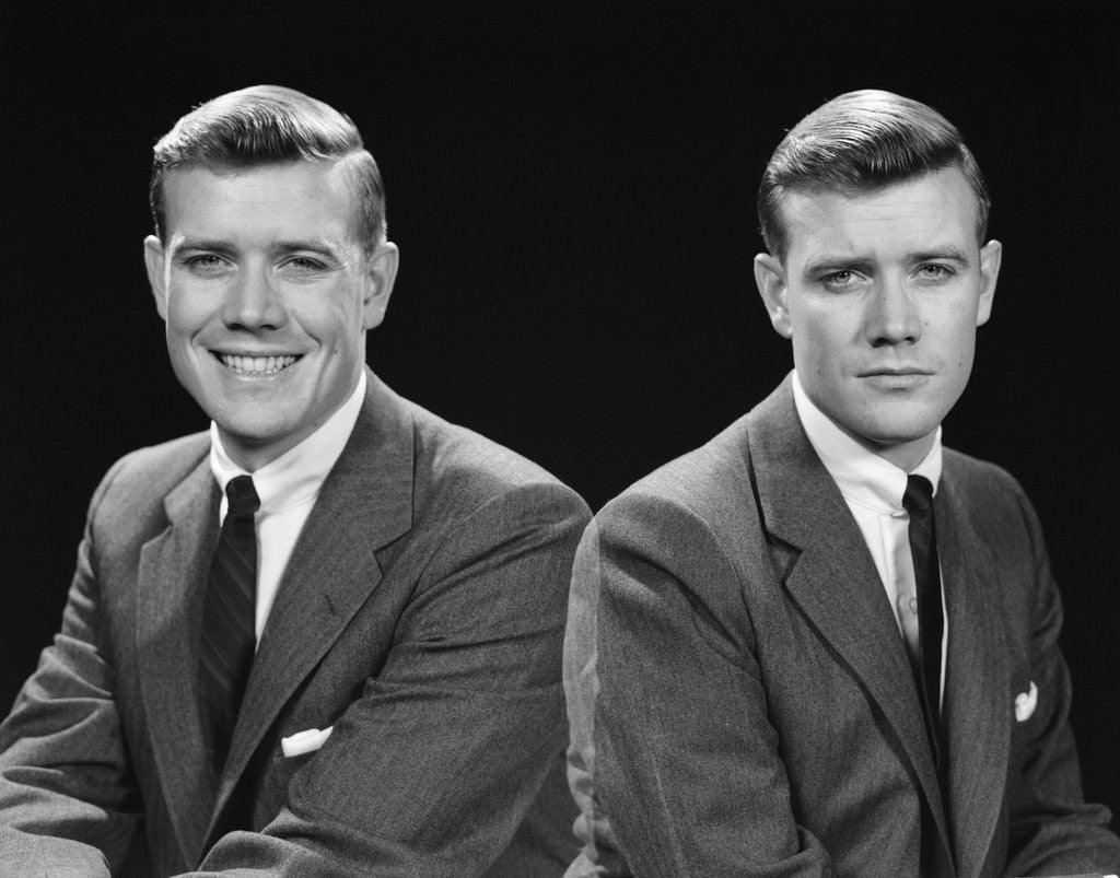 Detail of 1950s double exposure of man with a smile and a frown wearing a suit by Anonymous