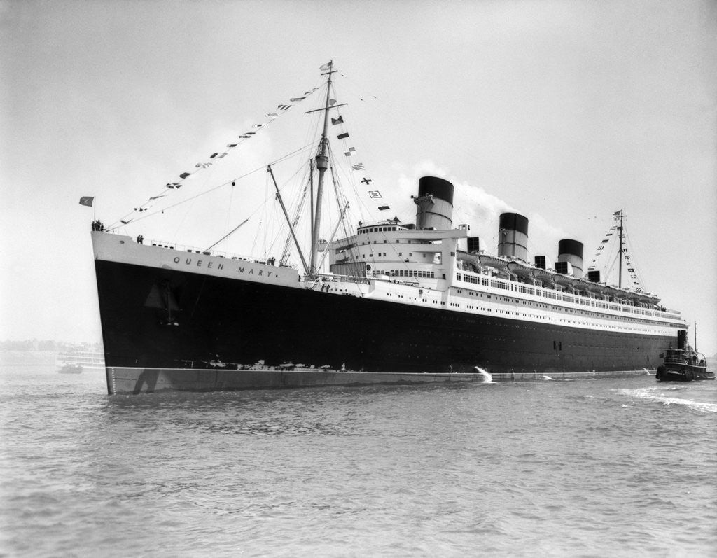 Detail of 1930s 1936 maiden voyage of queen mary dwarfing small tugboat moving alongside it by Anonymous