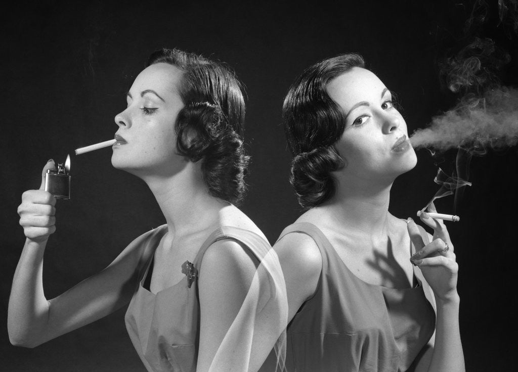 Detail of 1960s multiple exposure two views brunette woman smoking a cigarette lighting it and exhaling smoke by Anonymous