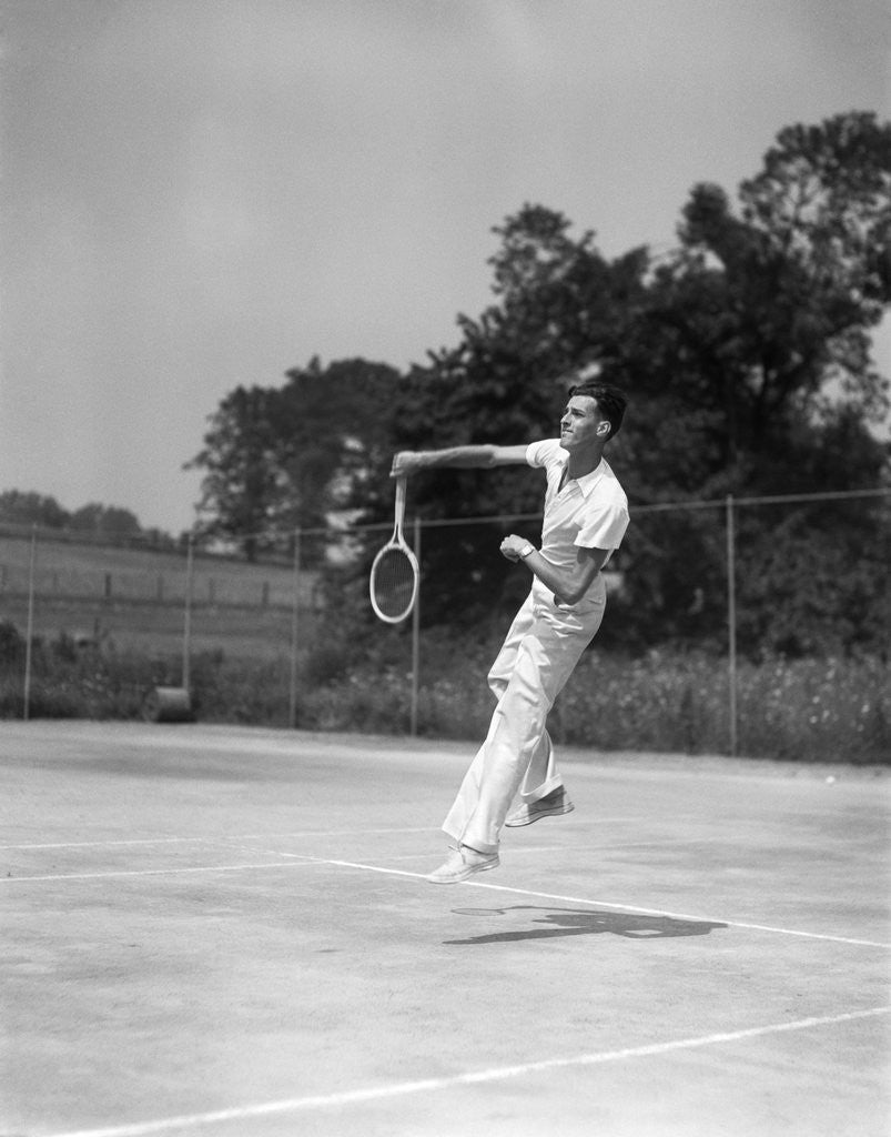 Detail of 1930s man playing tennis jumping mid air action by Anonymous