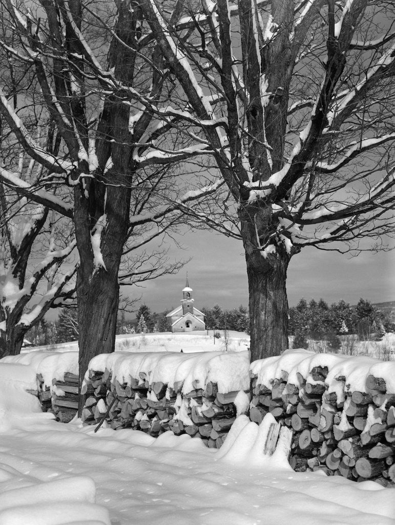Detail of 1940s pile of snow-covered firewood logs stacked between two trees with country church in background by Anonymous
