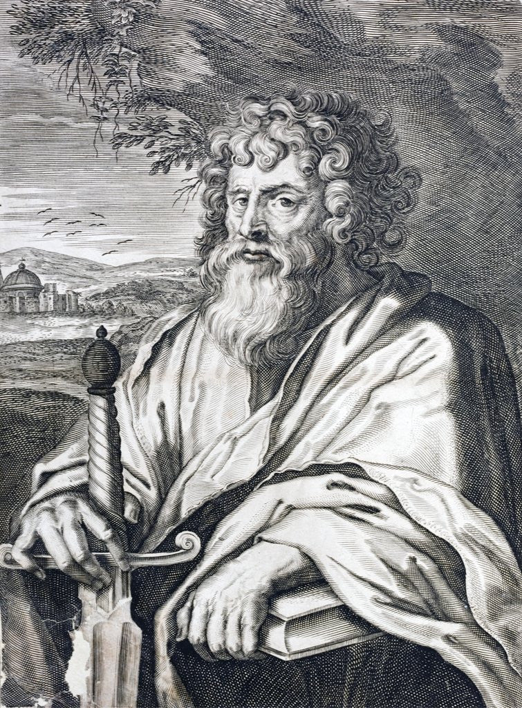 Detail of Saint Paul. An engraving by Gaspar Hubern of an original by Peter Paul Rubens